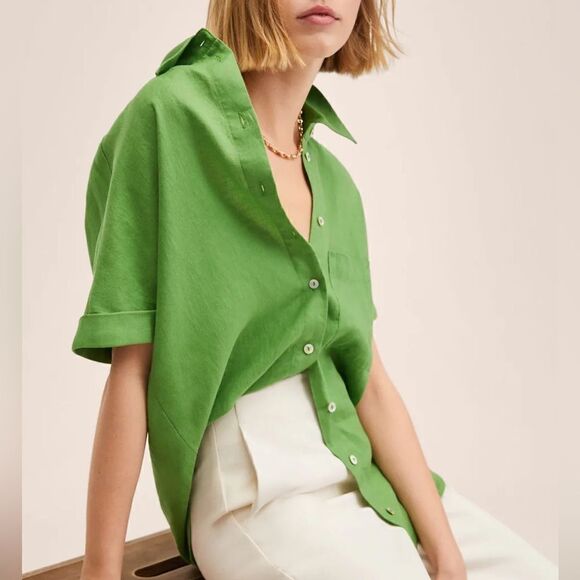 100% Linen Mango Shirt Green - Picture 6 of 9